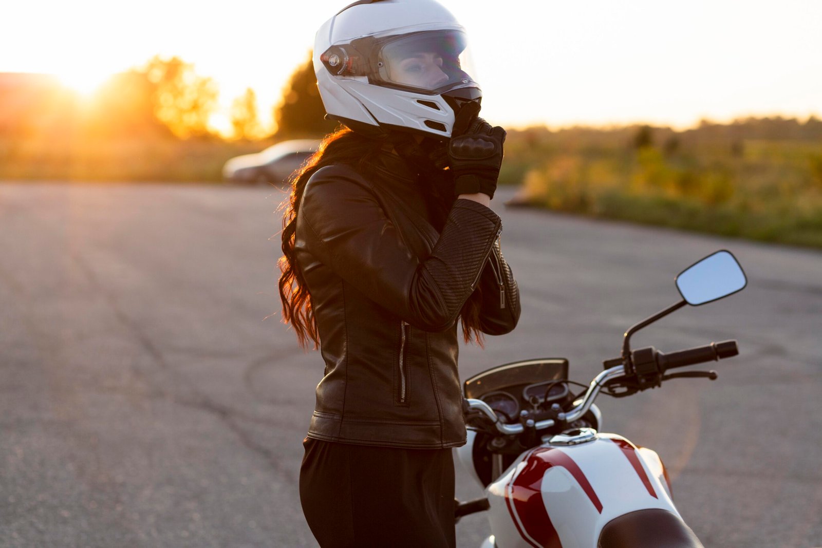 Women rider fixing her helmet